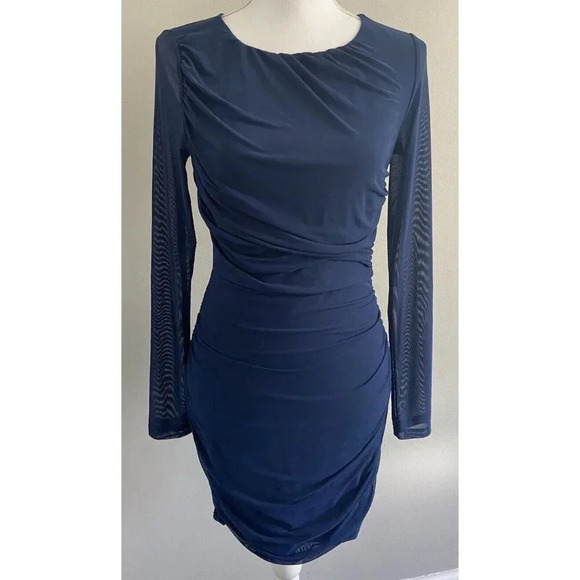 NWT Hello Molly Dress Ruched Sides Long Sleeve Sheer Back Navy Blue Large L New - Picture 1 of 5